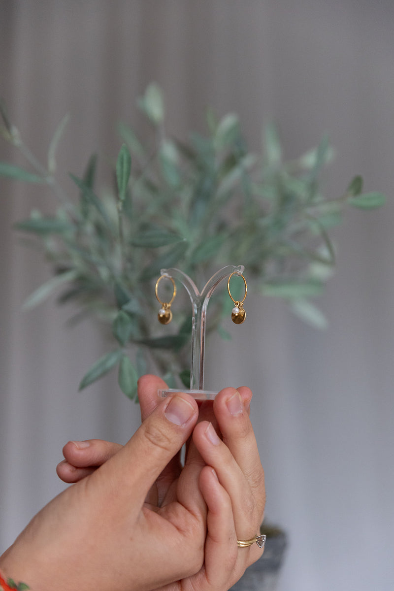 Small Pearl with Hammered Disc Earrings