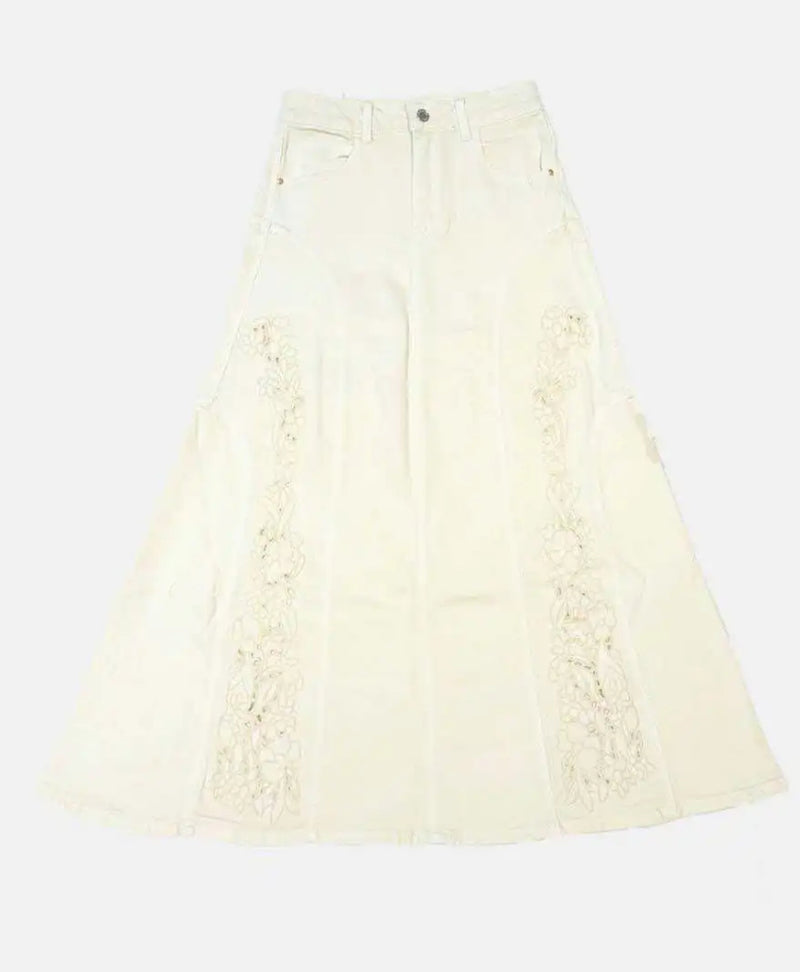 Embroidered Denim Skirt | Ecru
