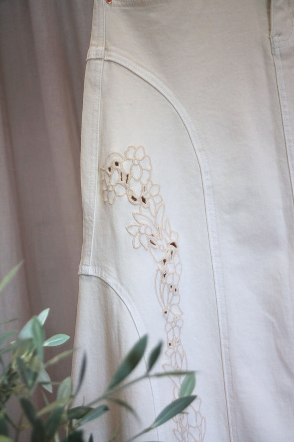 Embroidered Denim Skirt | Ecru
