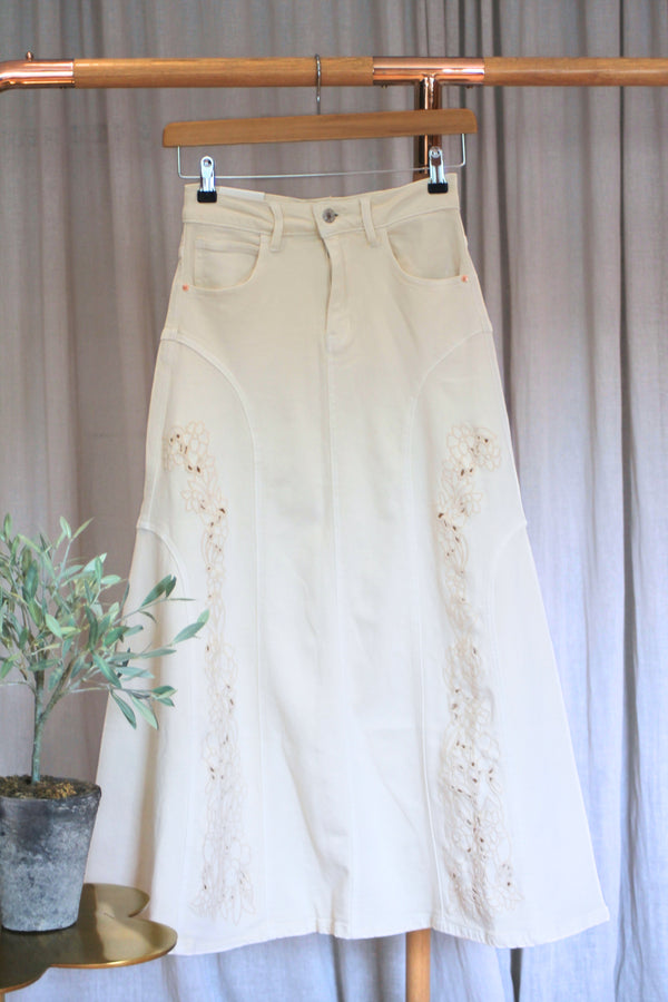 Embroidered Denim Skirt | Ecru