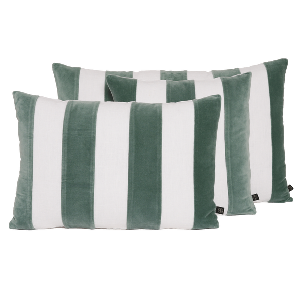 Oblong Linen/Velvet Striped Cushion | Celadon