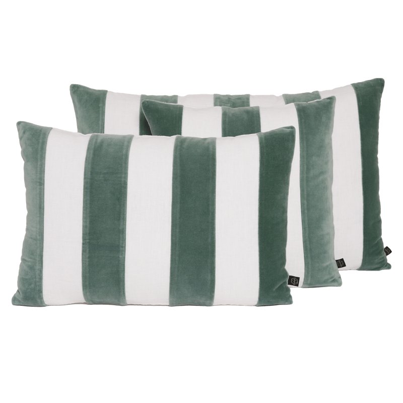 Oblong Linen/Velvet Striped Cushion | Celadon