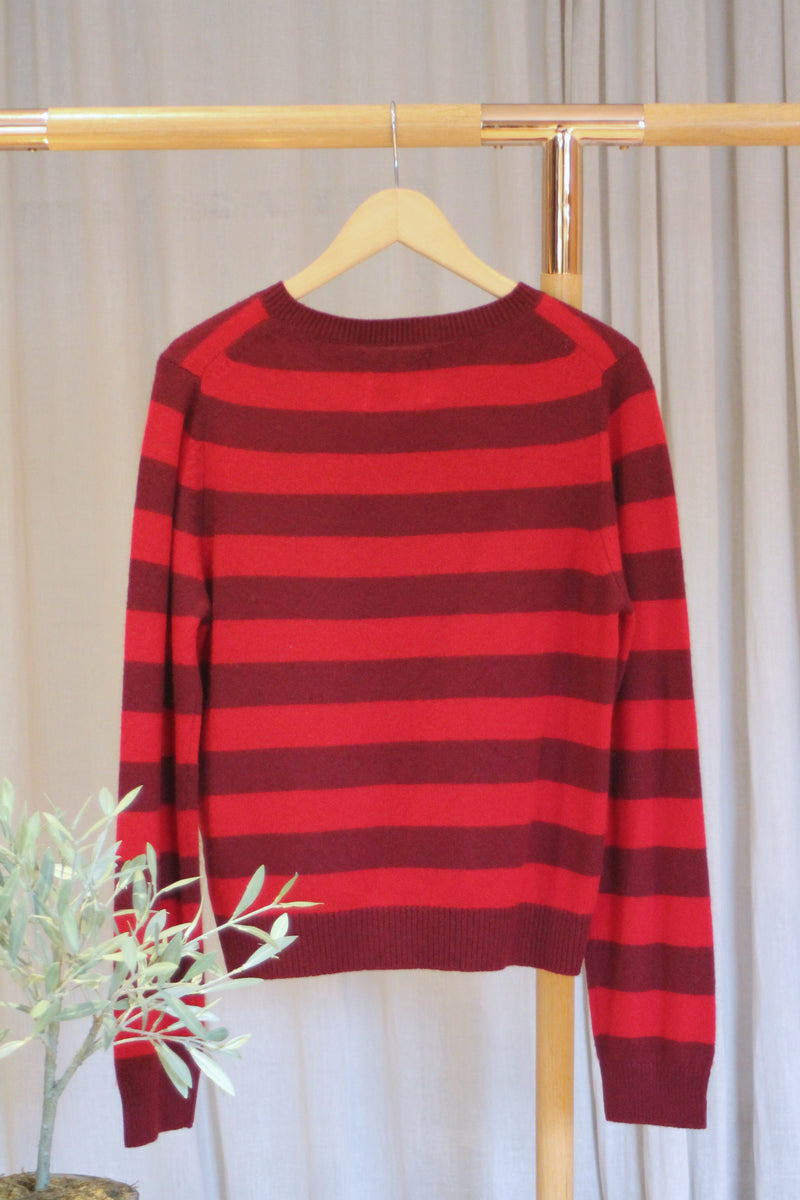 Stripe Cashmere Crew | Burgundy/Dull Red