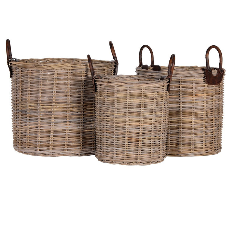 Round Log Basket with Leather Handles  | Small